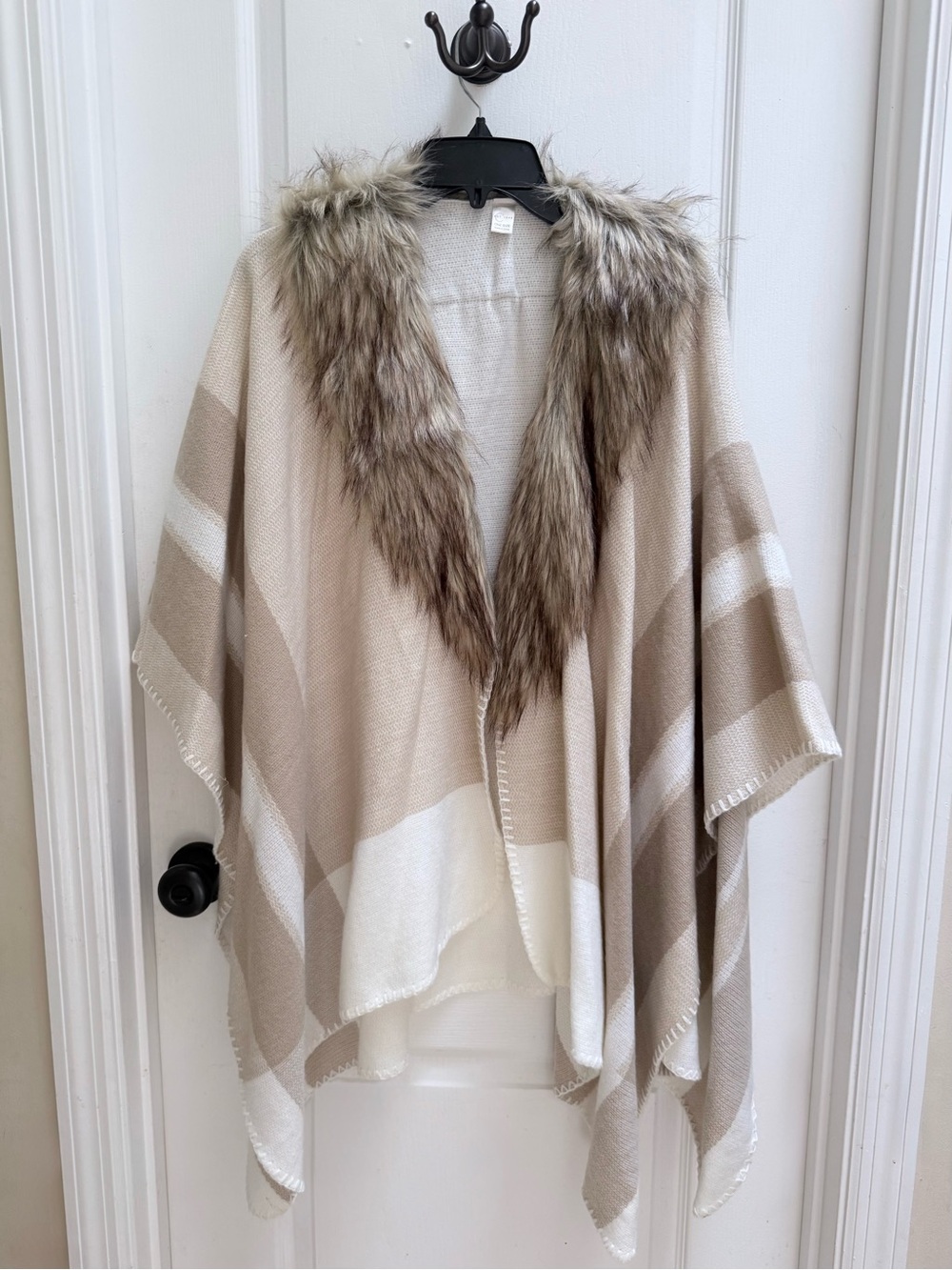 2 for $15 Beige & Cream Faux Fur Trim Poncho Wrap